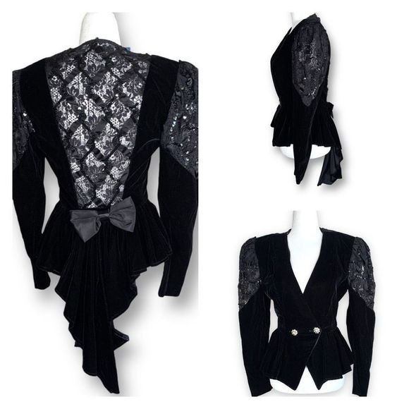 Vintage Jackets & Blazers - Vintage ZumZum Jacket Black Velvet Lace Sequins Padded Shoulder Hourglass Goth